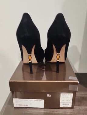Authentic Gucci Black Suede Peep-Toe Pumps with Bamboo Wrapped Heel